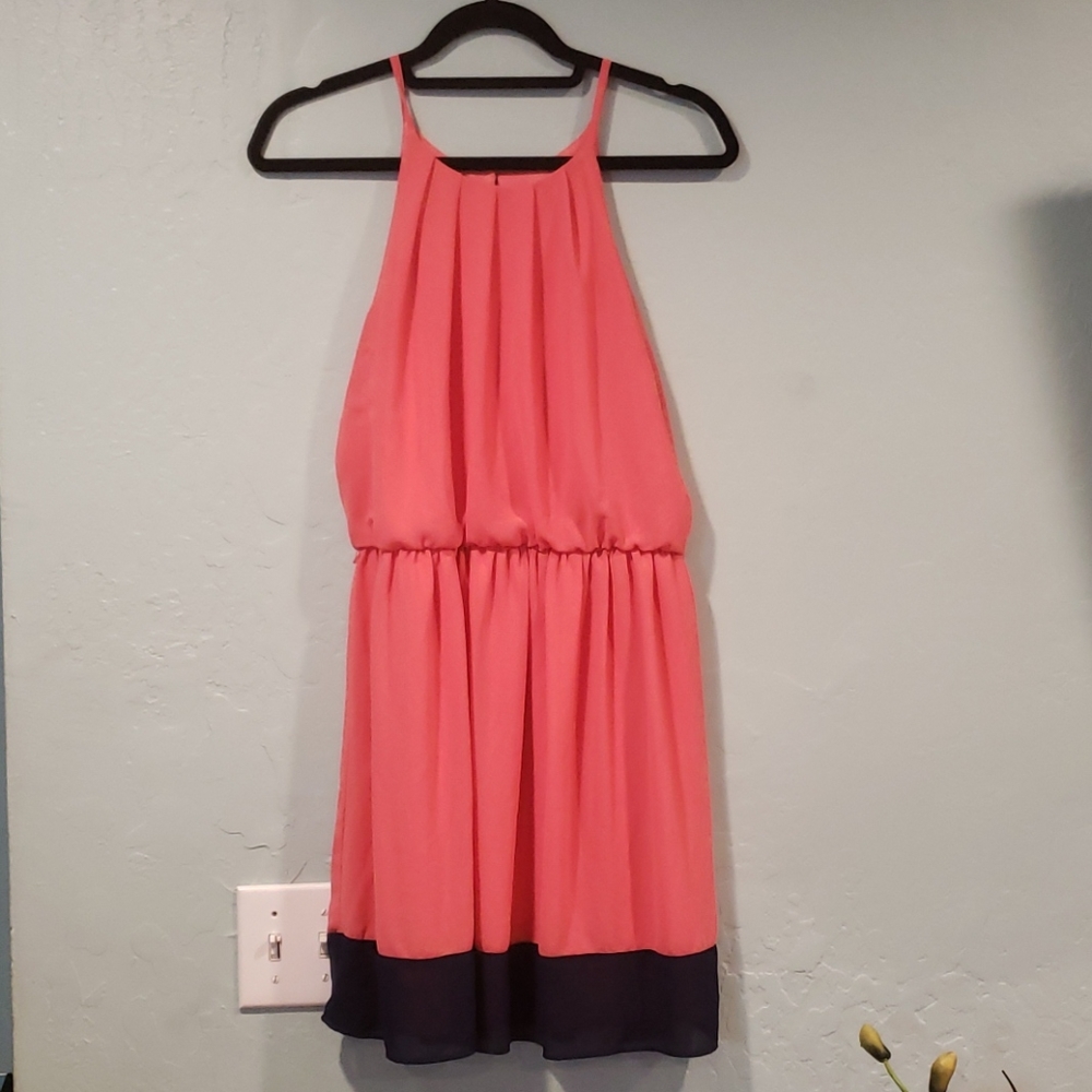 Coral chiffon dress with navy streak